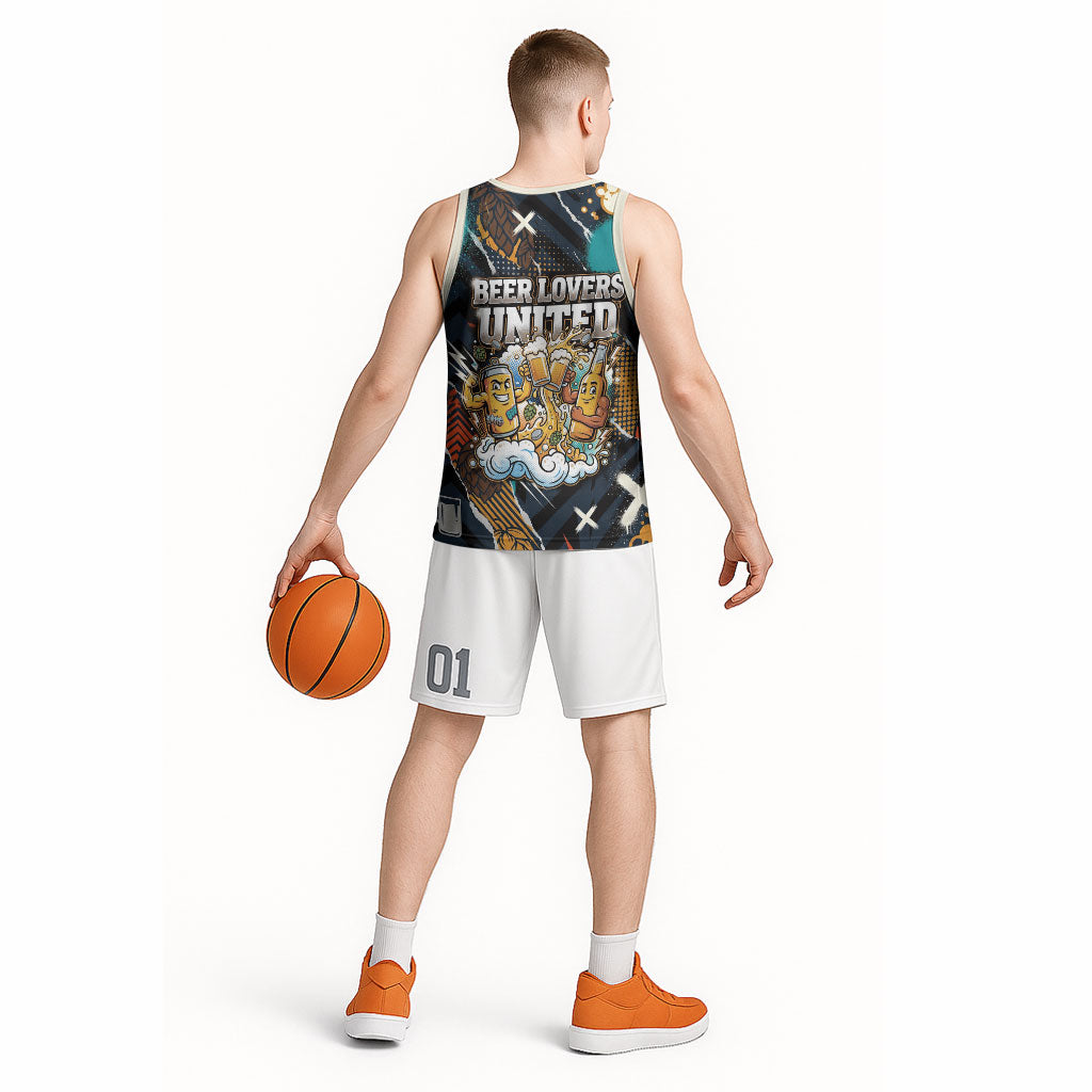 Beer Lovers United Brew Mode On Basketball Jersey Retro Comic Beer Characters Clinking Glasses