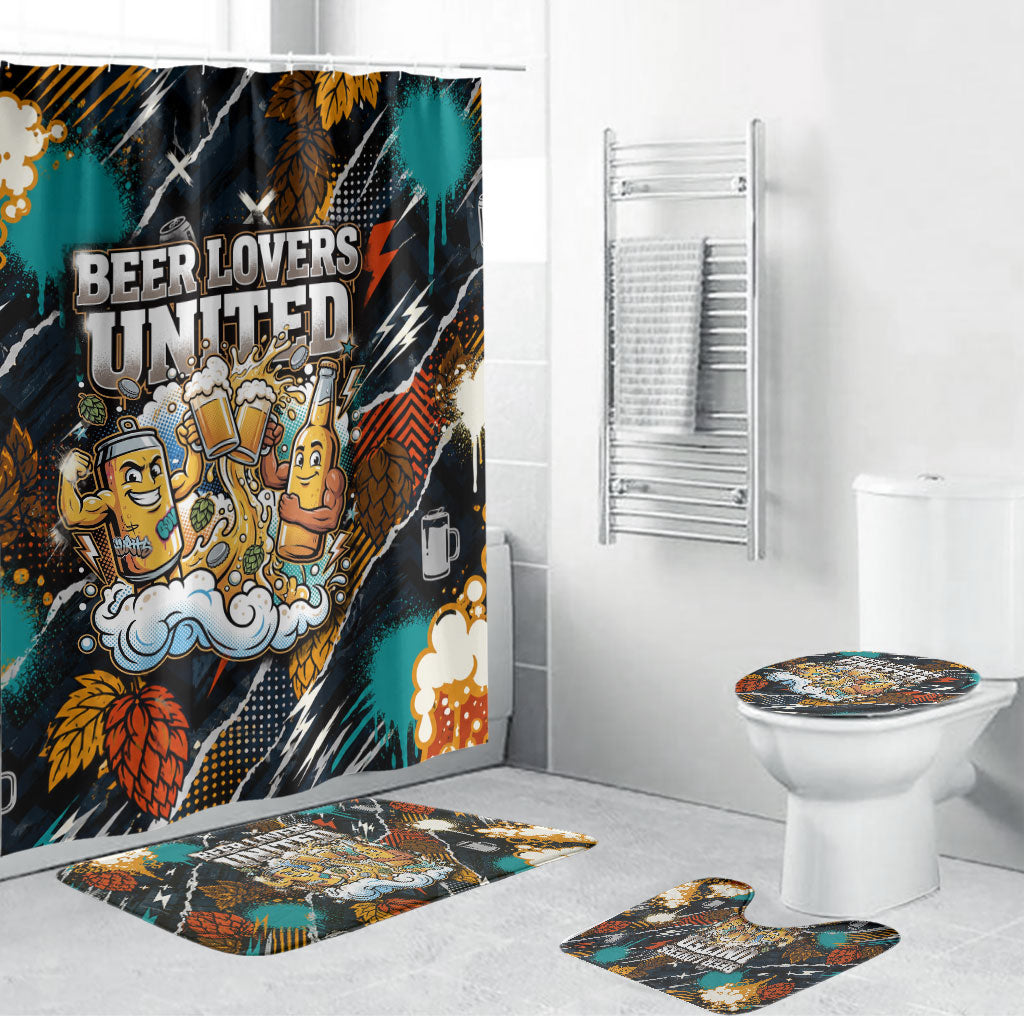 Beer Lovers United Brew Mode On Bathroom Set Retro Comic Beer Characters Clinking Glasses