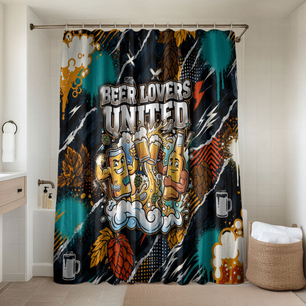 Beer Lovers United Brew Mode On Bathroom Set Retro Comic Beer Characters Clinking Glasses