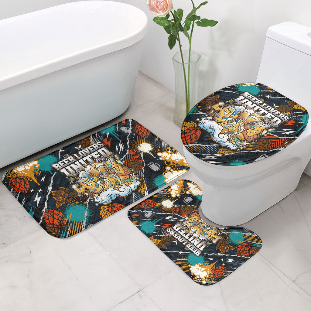 Beer Lovers United Brew Mode On Bathroom Set Retro Comic Beer Characters Clinking Glasses