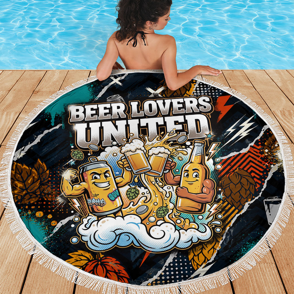 Beer Lovers United Brew Mode On Beach Blanket Retro Comic Beer Characters Clinking Glasses