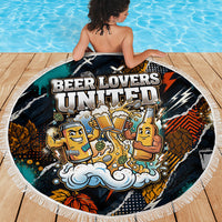 Beer Lovers United Brew Mode On Beach Blanket Retro Comic Beer Characters Clinking Glasses