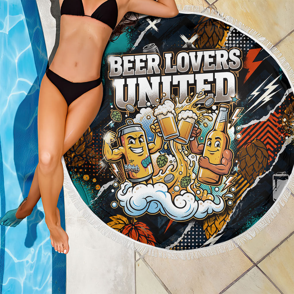 Beer Lovers United Brew Mode On Beach Blanket Retro Comic Beer Characters Clinking Glasses