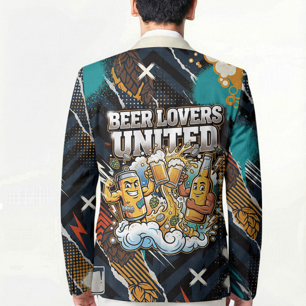 Beer Lovers United Brew Mode On Blazer Retro Comic Beer Characters Clinking Glasses