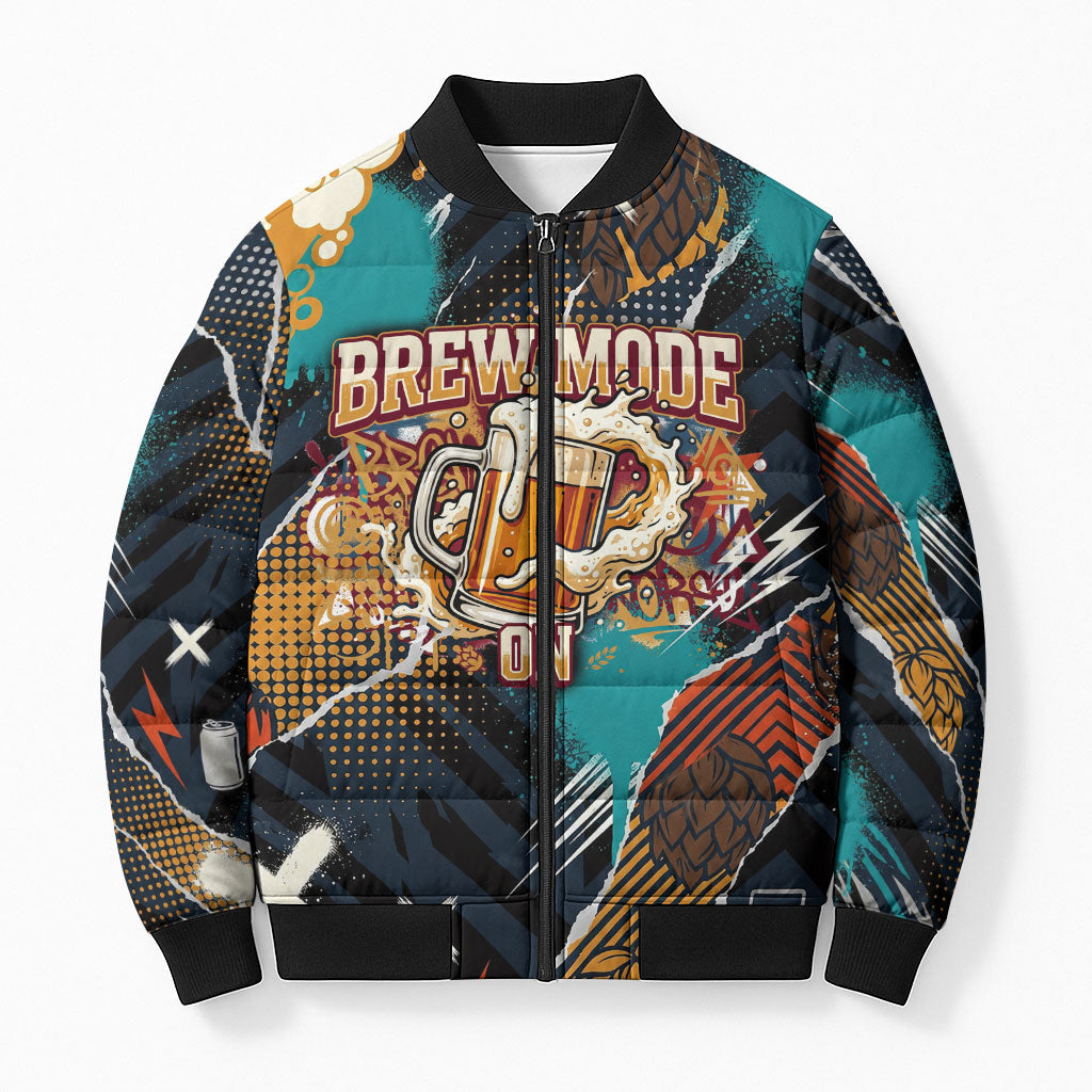Beer Lovers United Brew Mode On Bomber Puffer Jacket Retro Comic Beer Characters Clinking Glasses