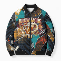 Beer Lovers United Brew Mode On Bomber Puffer Jacket Retro Comic Beer Characters Clinking Glasses