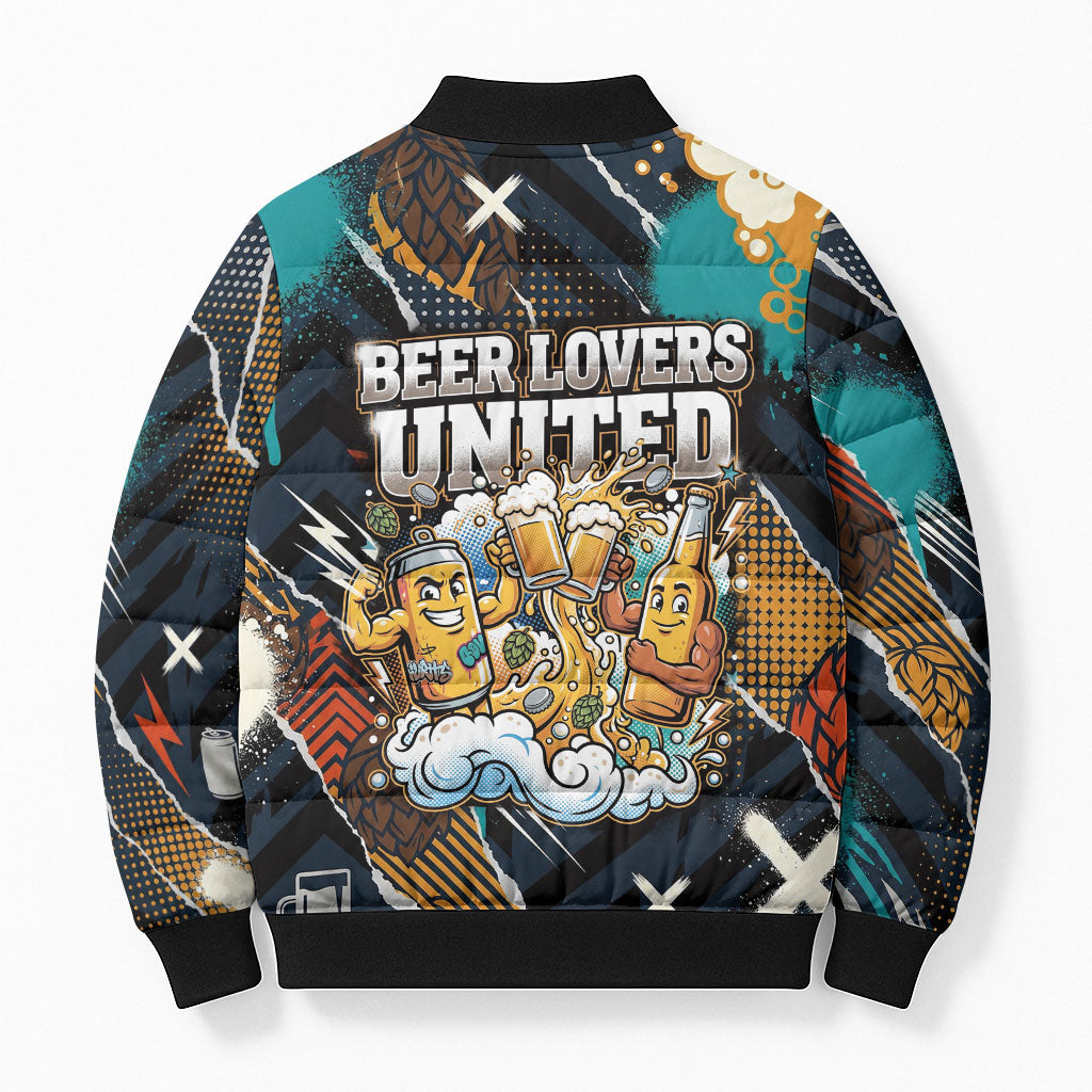 Beer Lovers United Brew Mode On Bomber Puffer Jacket Retro Comic Beer Characters Clinking Glasses