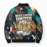 Beer Lovers United Brew Mode On Bomber Puffer Jacket Retro Comic Beer Characters Clinking Glasses