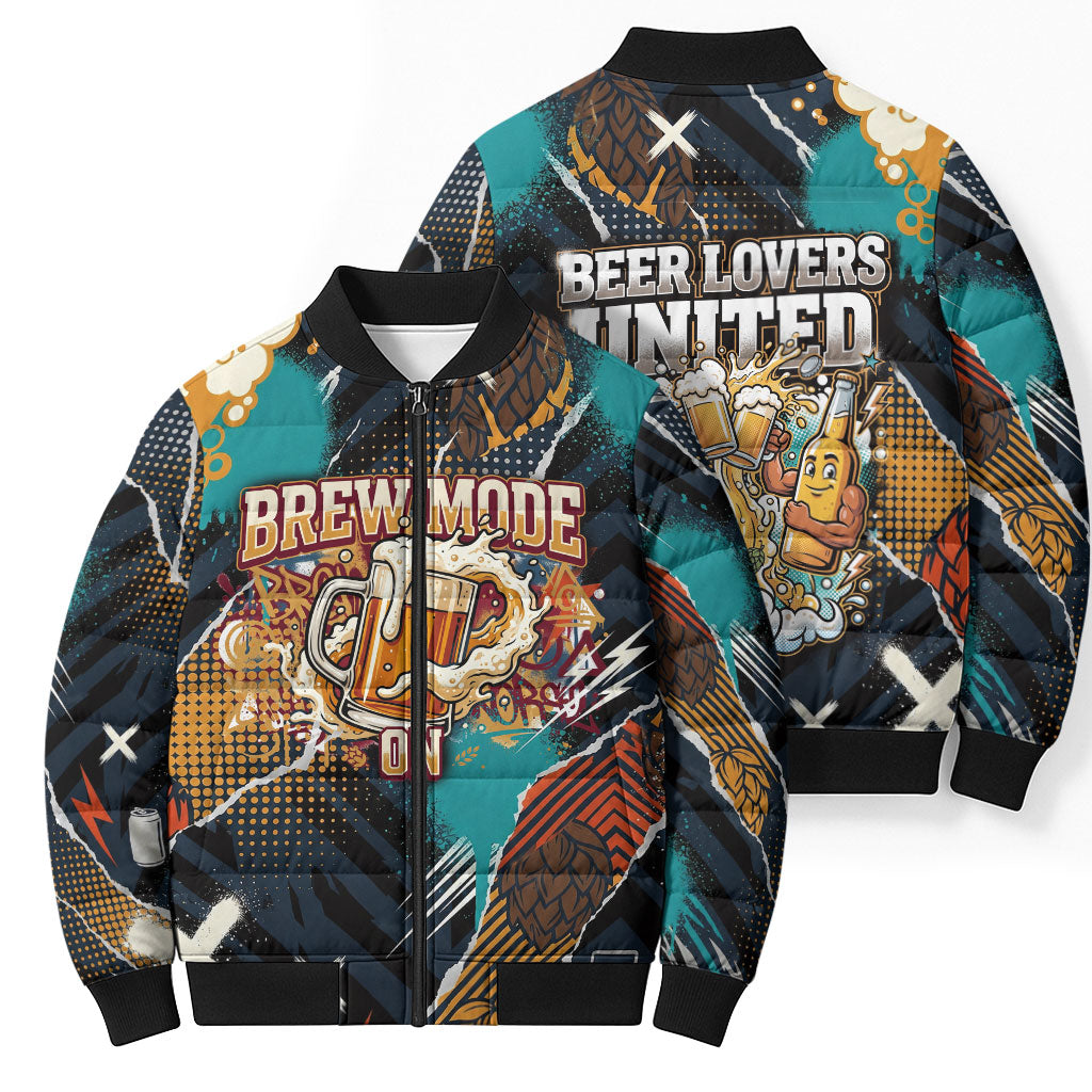 Beer Lovers United Brew Mode On Bomber Puffer Jacket Retro Comic Beer Characters Clinking Glasses