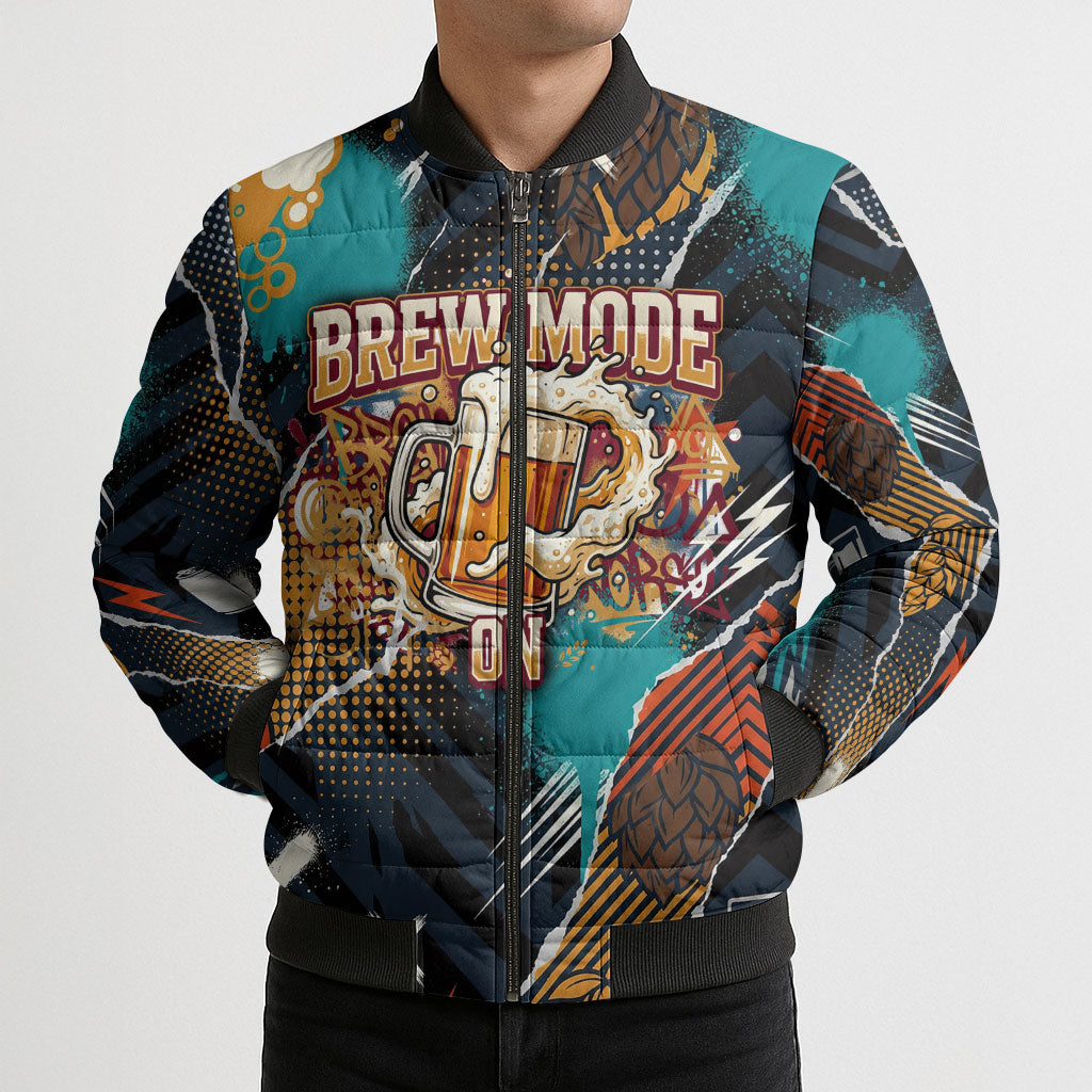 Beer Lovers United Brew Mode On Bomber Puffer Jacket Retro Comic Beer Characters Clinking Glasses