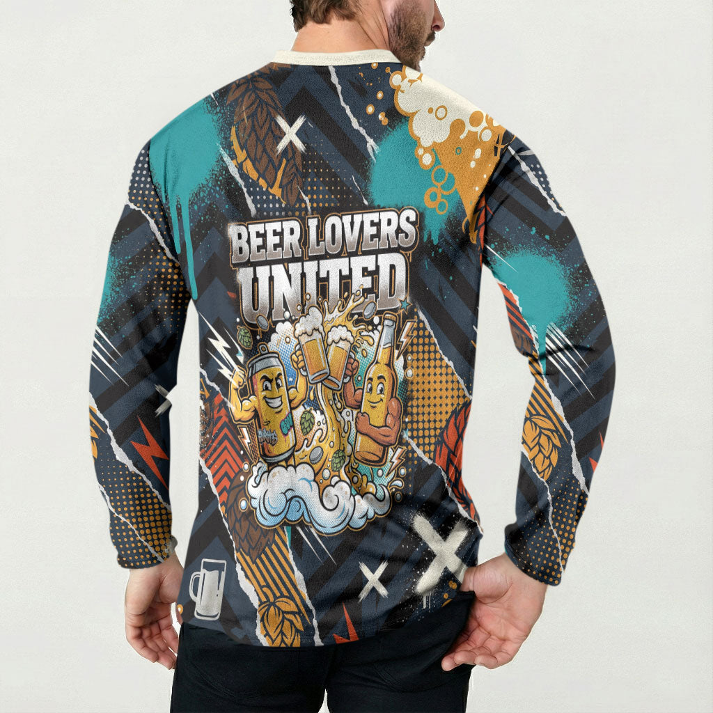 Beer Lovers United Brew Mode On Button Sweatshirt Retro Comic Beer Characters Clinking Glasses