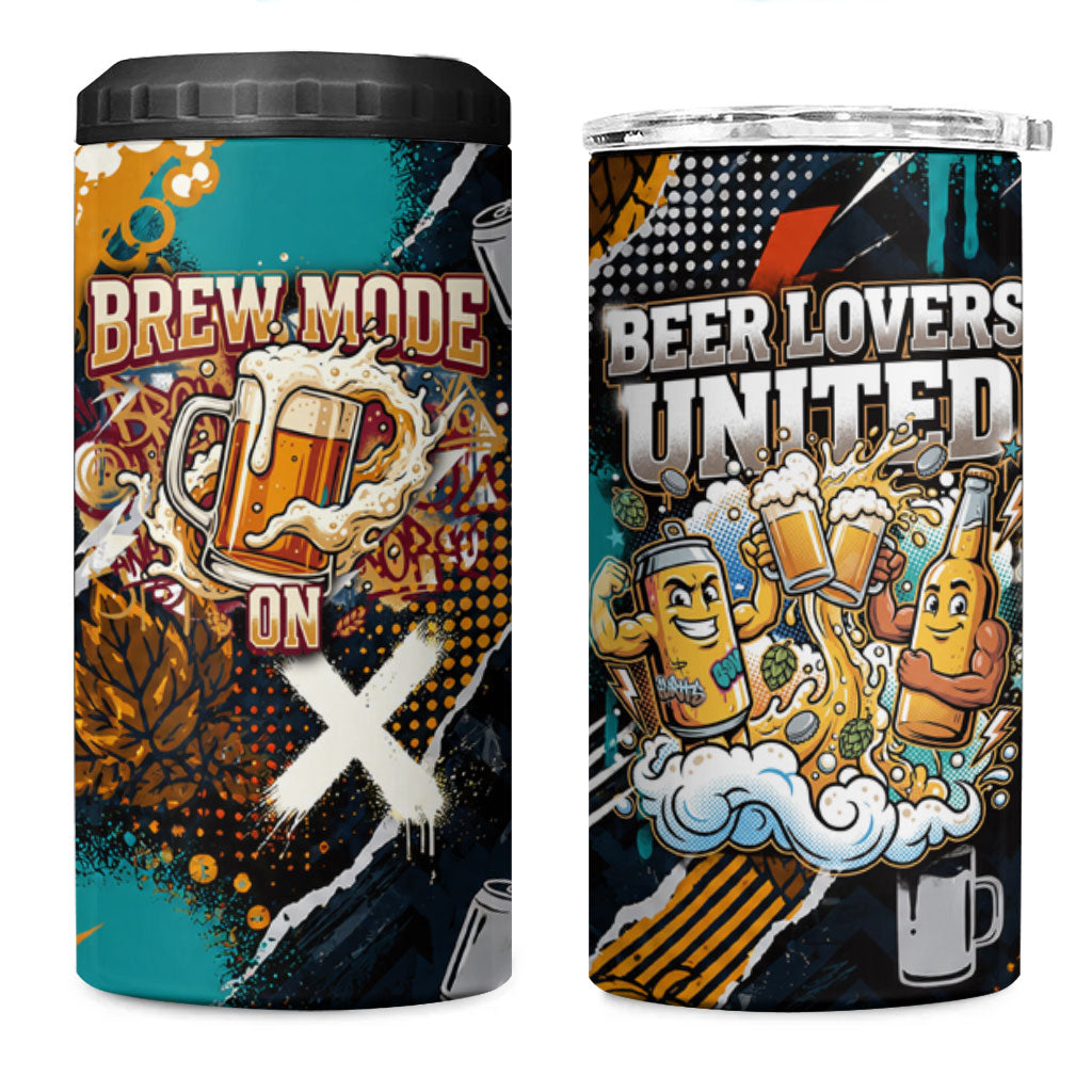 Beer Lovers United Brew Mode On 4 in 1 Can Cooler Tumbler Retro Comic Beer Characters Clinking Glasses