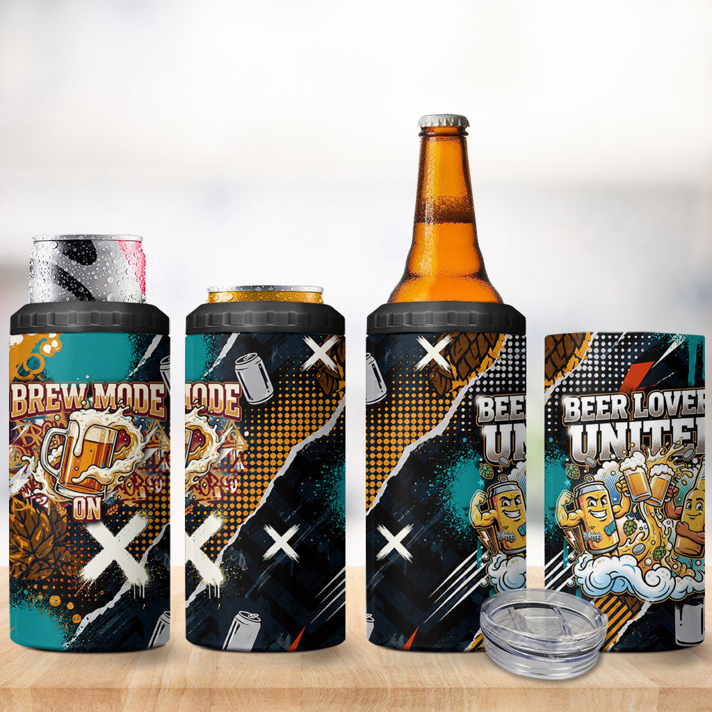 Beer Lovers United Brew Mode On 4 in 1 Can Cooler Tumbler Retro Comic Beer Characters Clinking Glasses