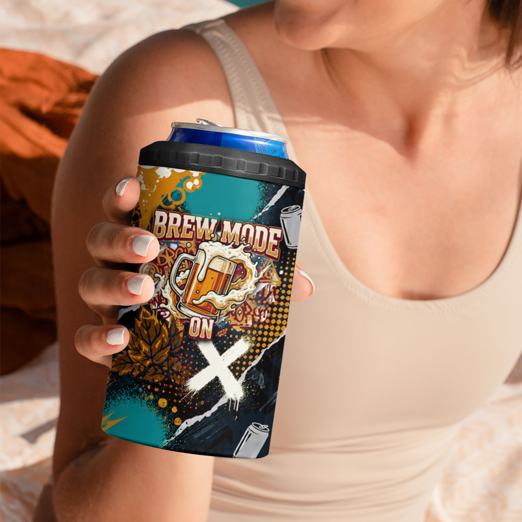 Beer Lovers United Brew Mode On 4 in 1 Can Cooler Tumbler Retro Comic Beer Characters Clinking Glasses