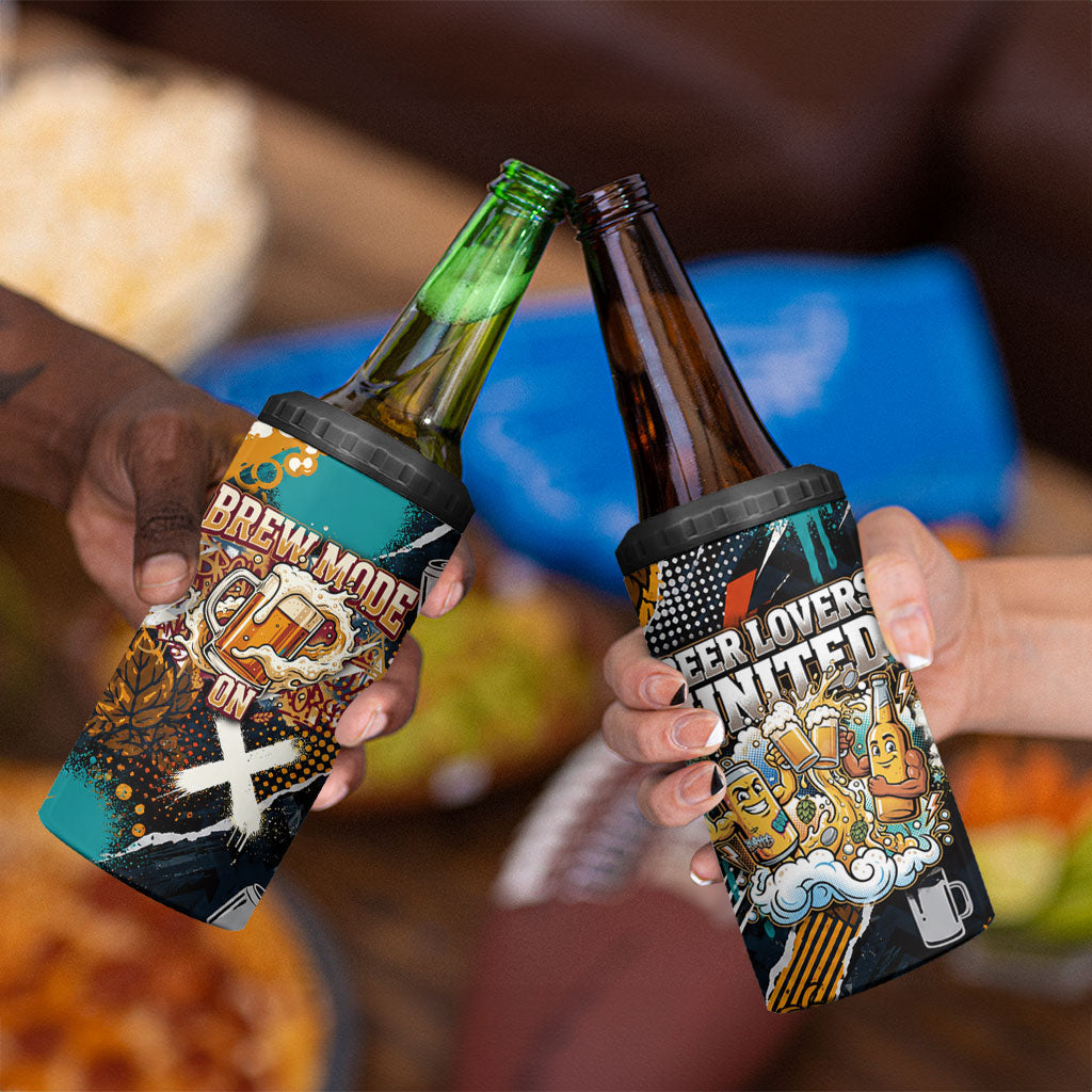 Beer Lovers United Brew Mode On 4 in 1 Can Cooler Tumbler Retro Comic Beer Characters Clinking Glasses