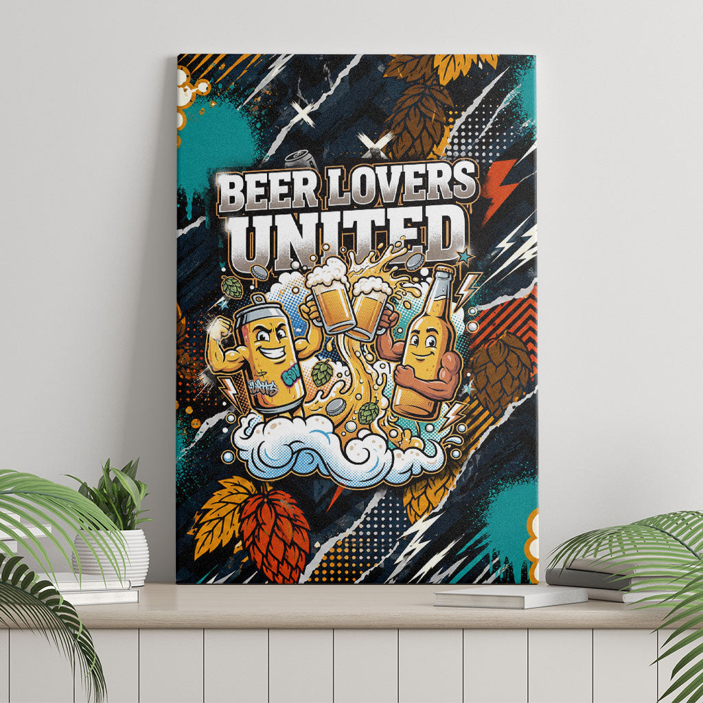 Beer Lovers United Brew Mode On Canvas Wall Art Retro Comic Beer Characters Clinking Glasses