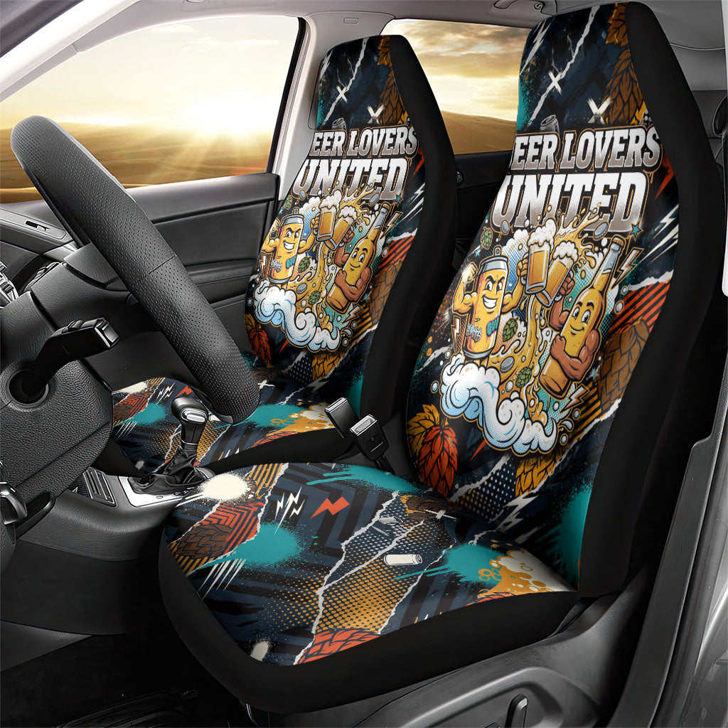 Beer Lovers United Brew Mode On Car Seat Cover Retro Comic Beer Characters Clinking Glasses