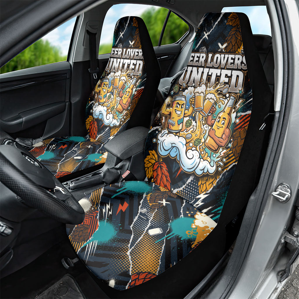 Beer Lovers United Brew Mode On Car Seat Cover Retro Comic Beer Characters Clinking Glasses