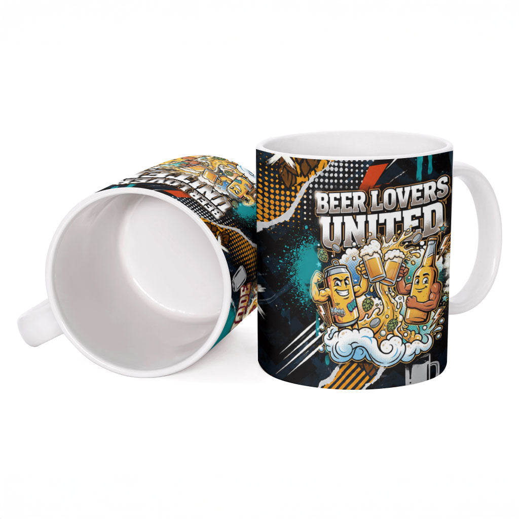 Beer Lovers United Brew Mode On Ceramic Mug Retro Comic Beer Characters Clinking Glasses