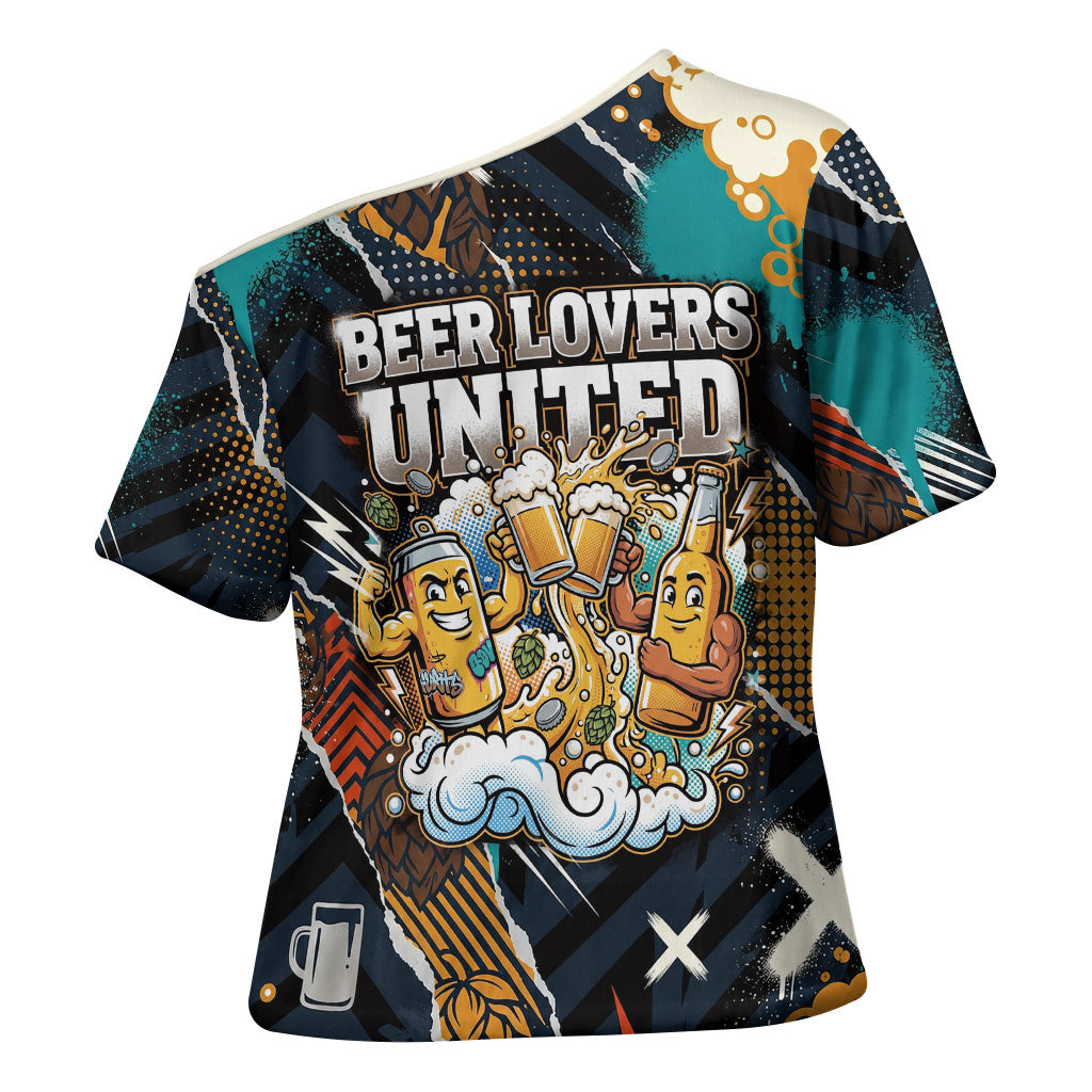 Beer Lovers United Brew Mode On Cross Shoulder Shirt Retro Comic Beer Characters Clinking Glasses