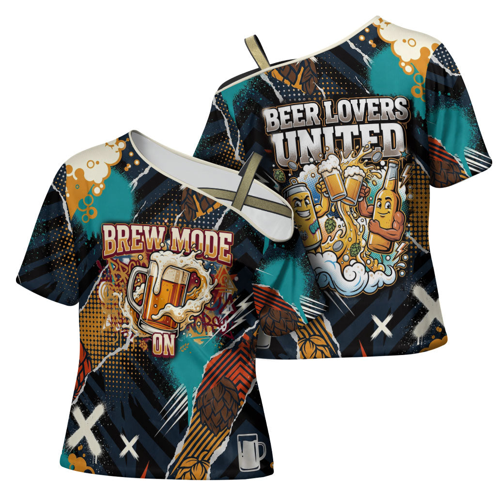 Beer Lovers United Brew Mode On Cross Shoulder Shirt Retro Comic Beer Characters Clinking Glasses