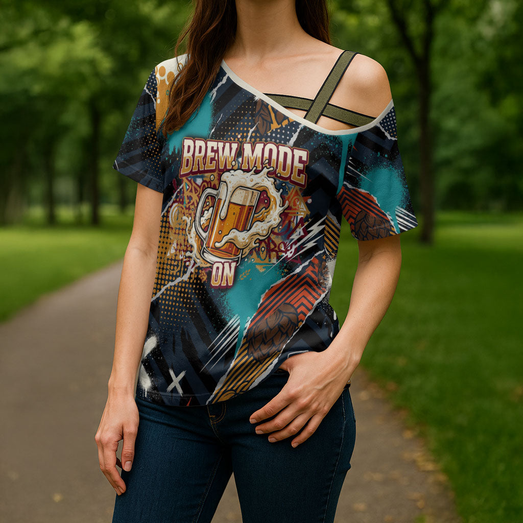 Beer Lovers United Brew Mode On Cross Shoulder Shirt Retro Comic Beer Characters Clinking Glasses