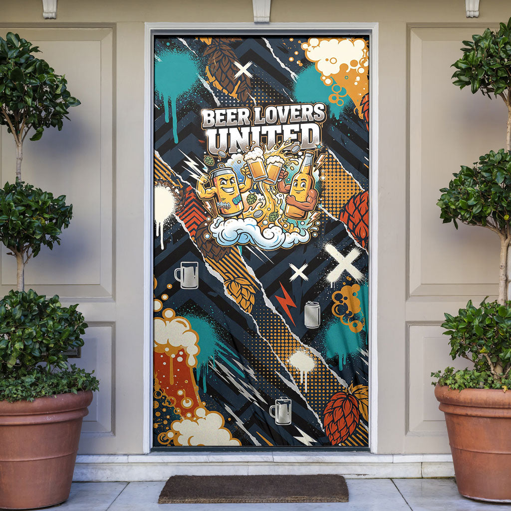Beer Lovers United Brew Mode On Door Cover Retro Comic Beer Characters Clinking Glasses