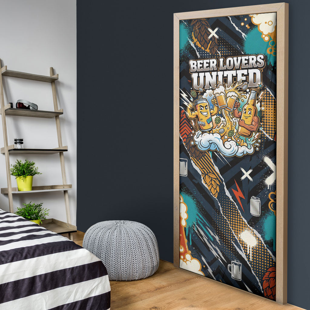 Beer Lovers United Brew Mode On Door Cover Retro Comic Beer Characters Clinking Glasses