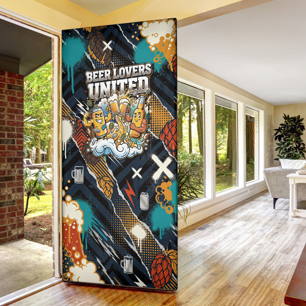 Beer Lovers United Brew Mode On Door Cover Retro Comic Beer Characters Clinking Glasses