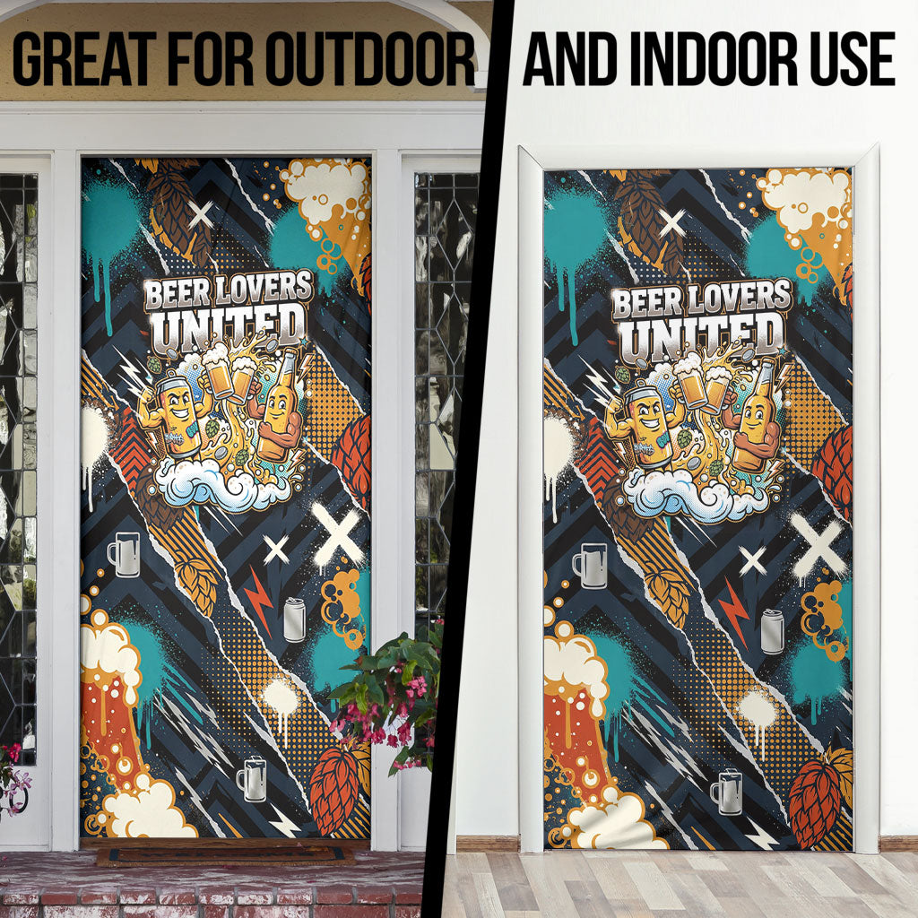 Beer Lovers United Brew Mode On Door Cover Retro Comic Beer Characters Clinking Glasses