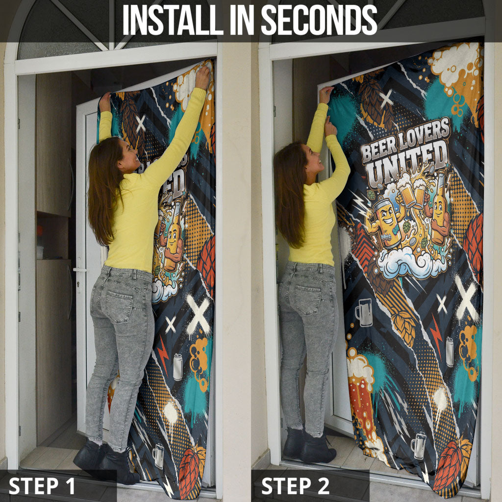 Beer Lovers United Brew Mode On Door Cover Retro Comic Beer Characters Clinking Glasses