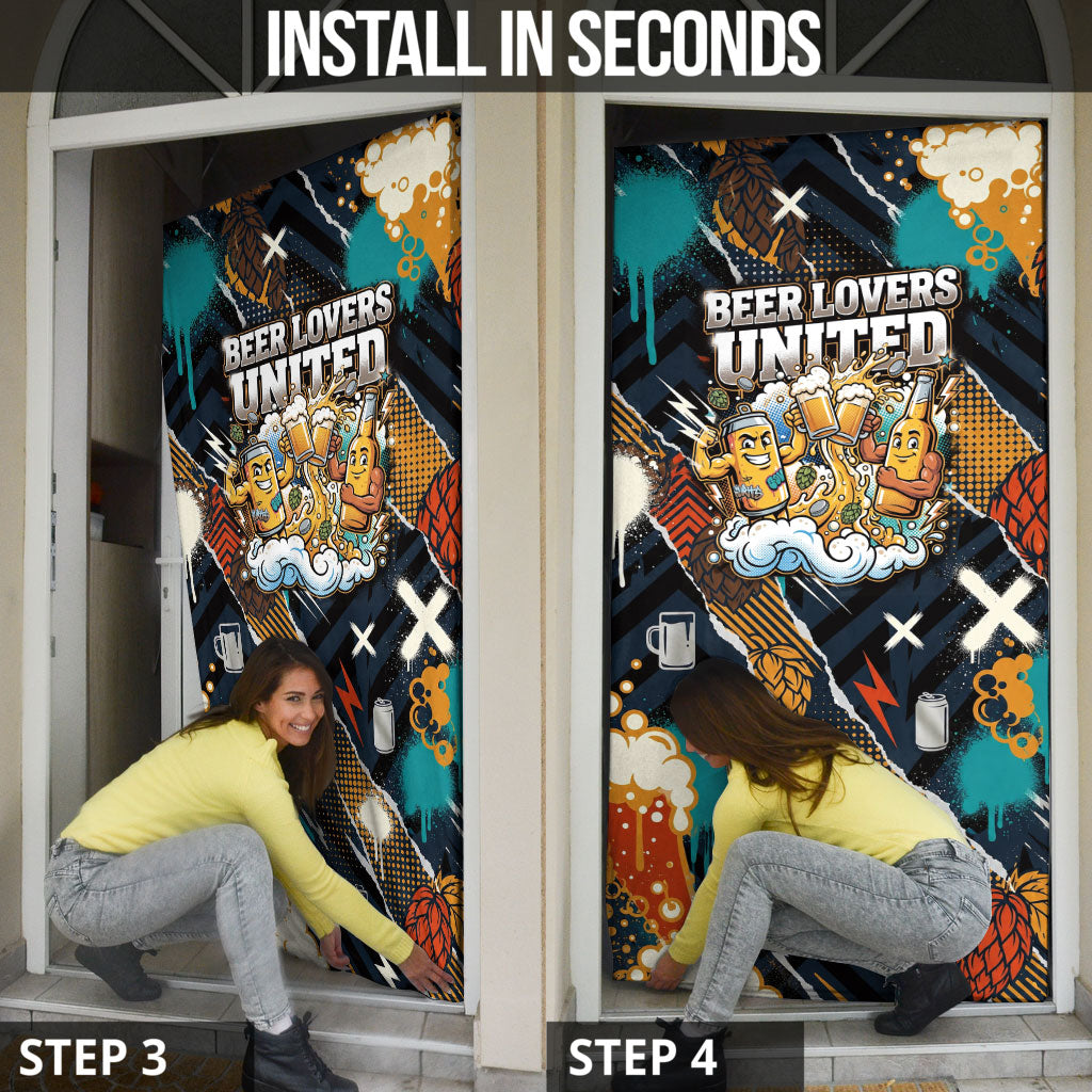 Beer Lovers United Brew Mode On Door Cover Retro Comic Beer Characters Clinking Glasses