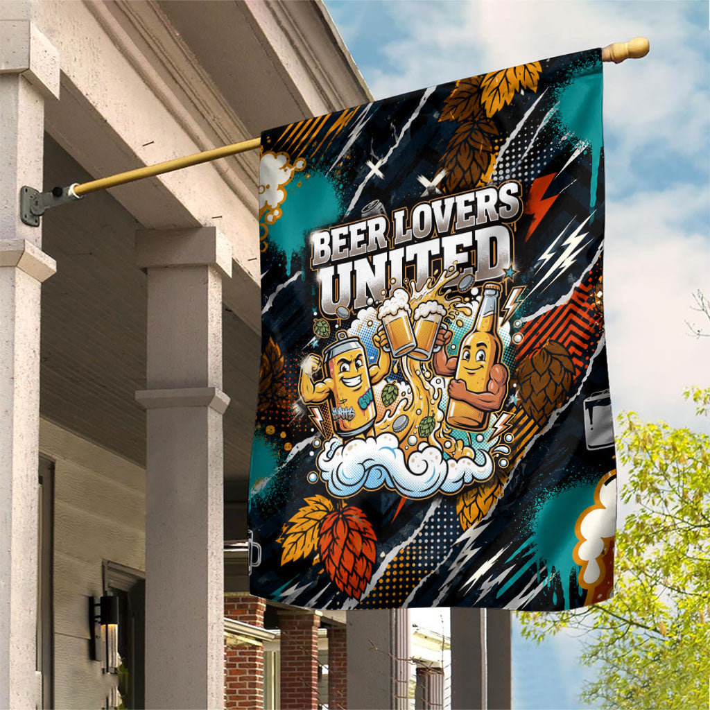 Beer Lovers United Brew Mode On Garden Flag Retro Comic Beer Characters Clinking Glasses