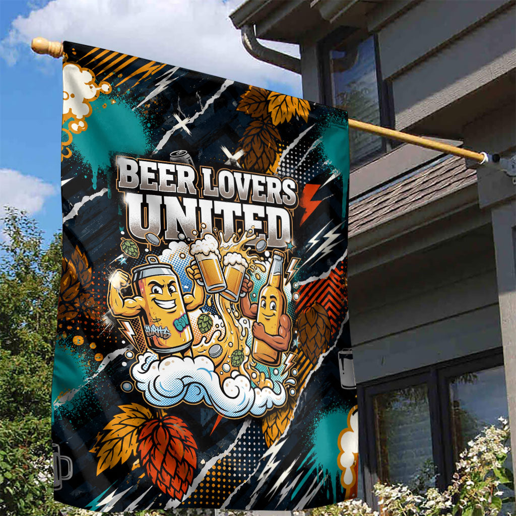 Beer Lovers United Brew Mode On Garden Flag Retro Comic Beer Characters Clinking Glasses
