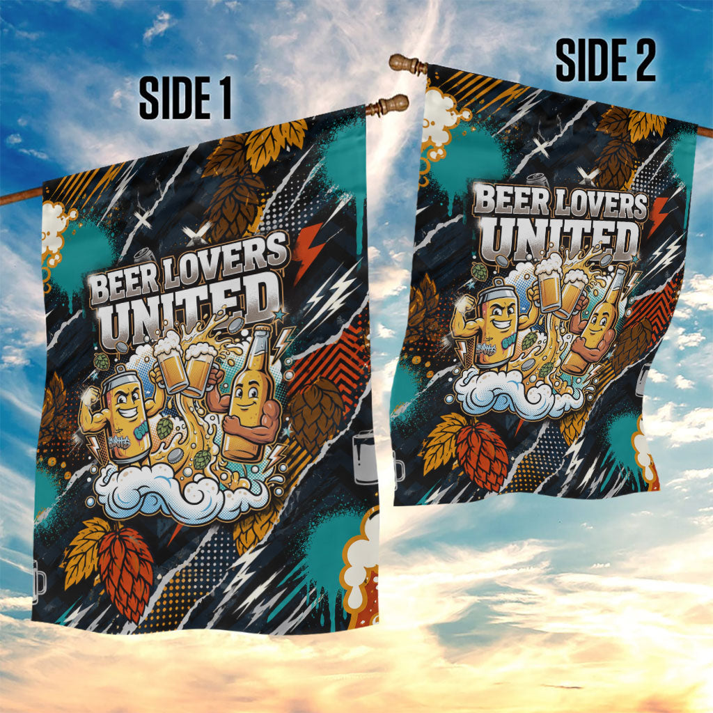 Beer Lovers United Brew Mode On Garden Flag Retro Comic Beer Characters Clinking Glasses