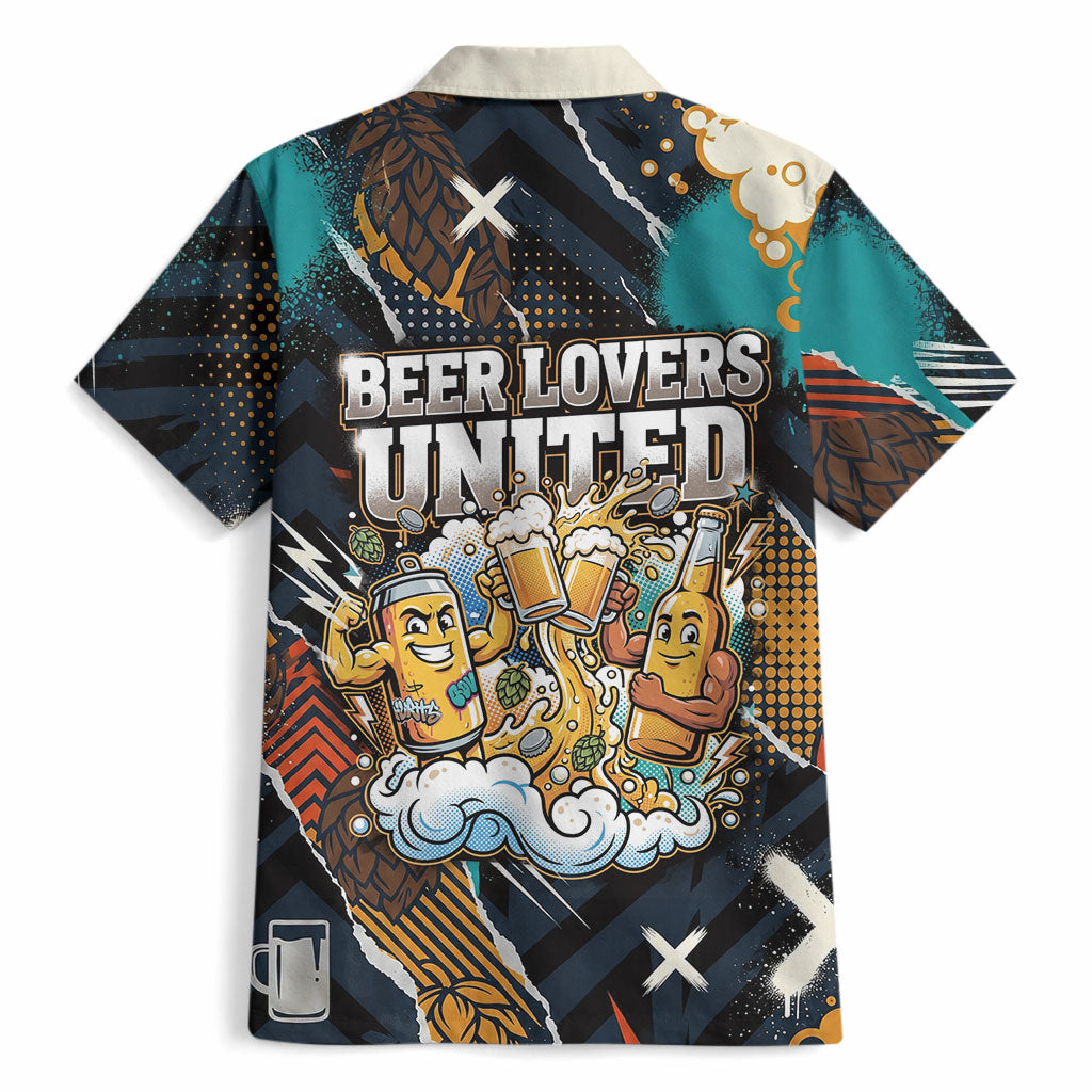 Beer Lovers United Brew Mode On Hawaiian Shirt Retro Comic Beer Characters Clinking Glasses