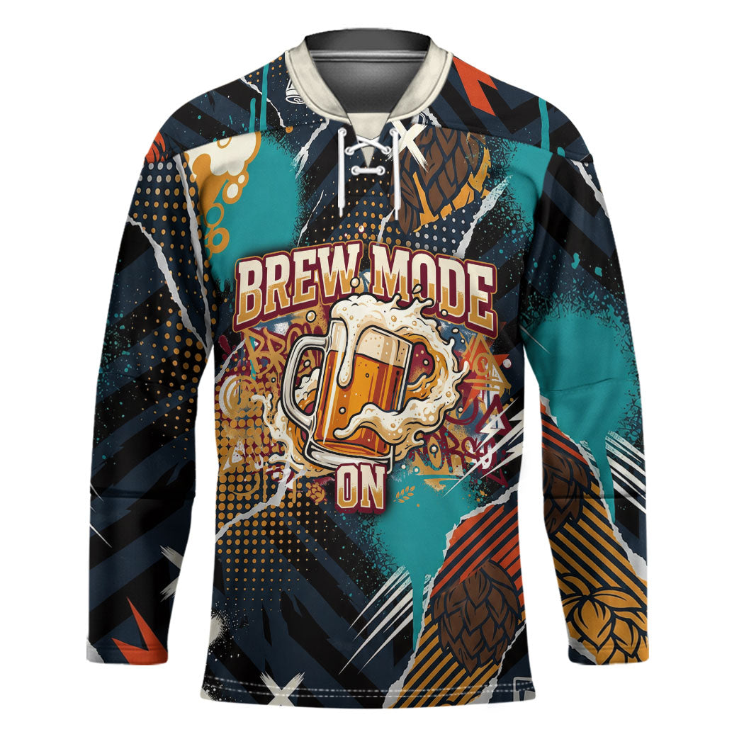 Beer Lovers United Brew Mode On Hockey Jersey Retro Comic Beer Characters Clinking Glasses