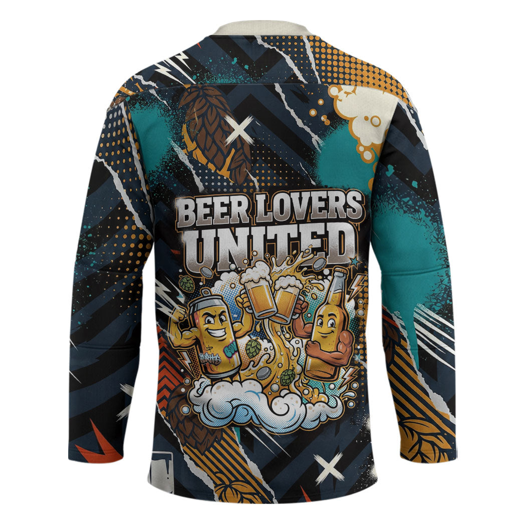 Beer Lovers United Brew Mode On Hockey Jersey Retro Comic Beer Characters Clinking Glasses