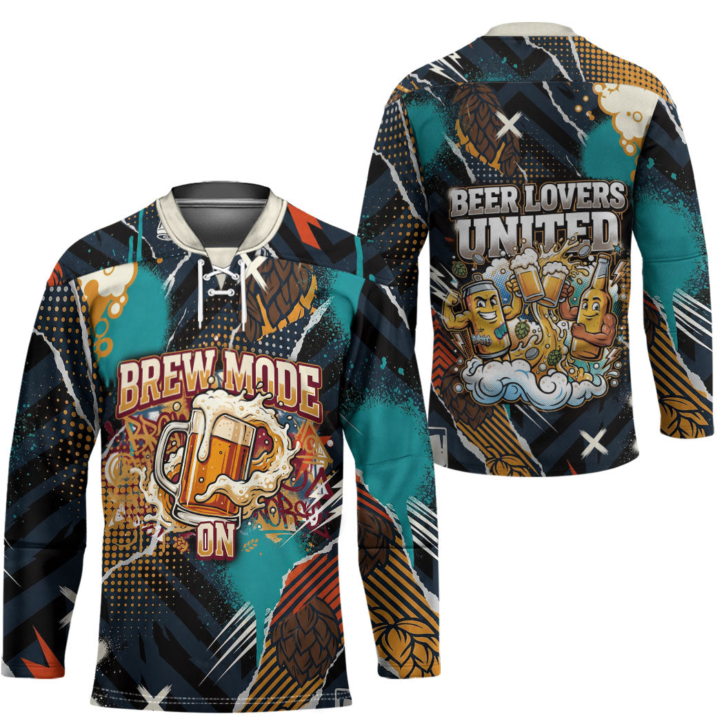 Beer Lovers United Brew Mode On Hockey Jersey Retro Comic Beer Characters Clinking Glasses