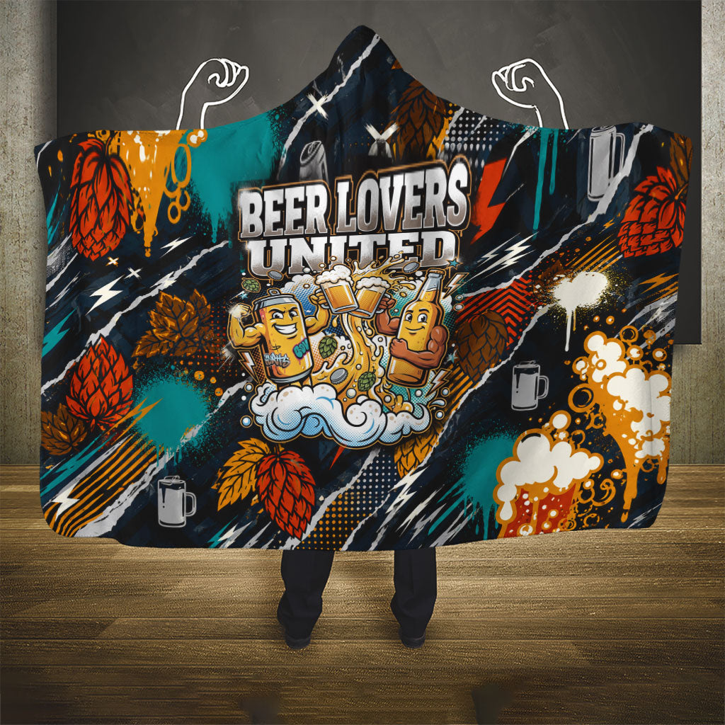 Beer Lovers United Brew Mode On Hooded Blanket Retro Comic Beer Characters Clinking Glasses