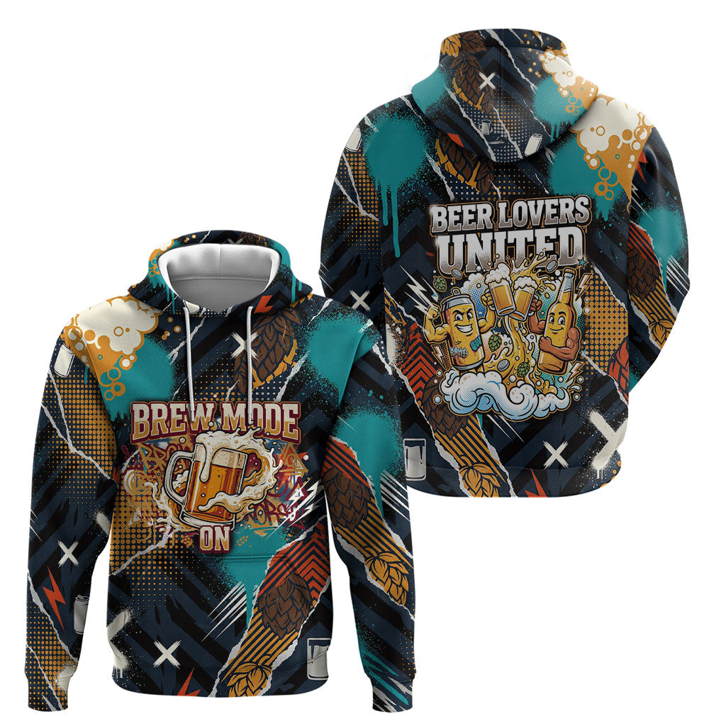 Beer Lovers United Brew Mode On Hoodie Retro Comic Beer Characters Clinking Glasses