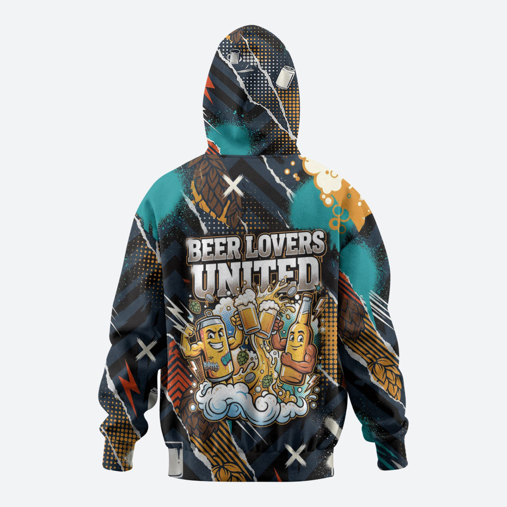 Beer Lovers United Brew Mode On Hoodie Retro Comic Beer Characters Clinking Glasses
