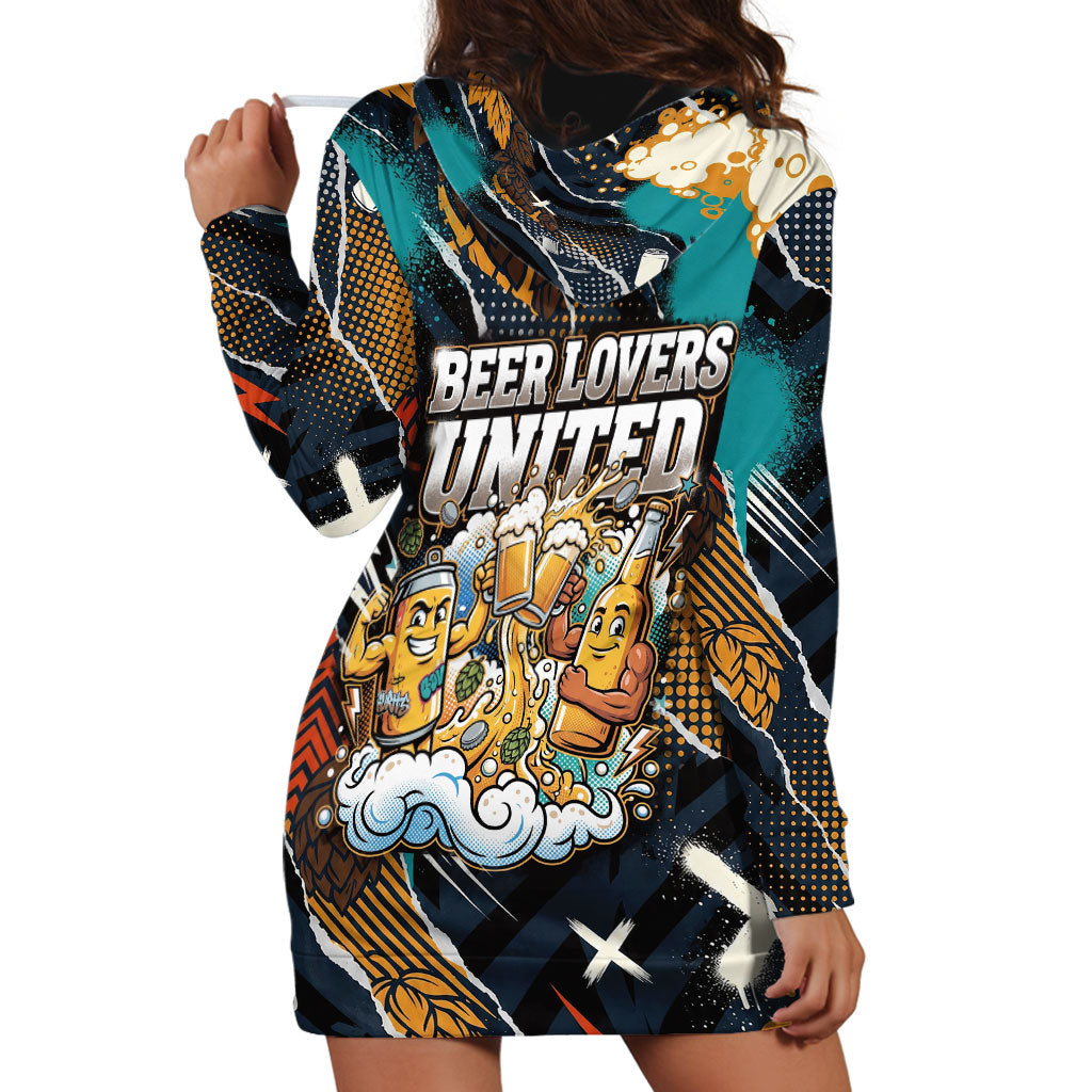 Beer Lovers United Brew Mode On Hoodie Dress Retro Comic Beer Characters Clinking Glasses