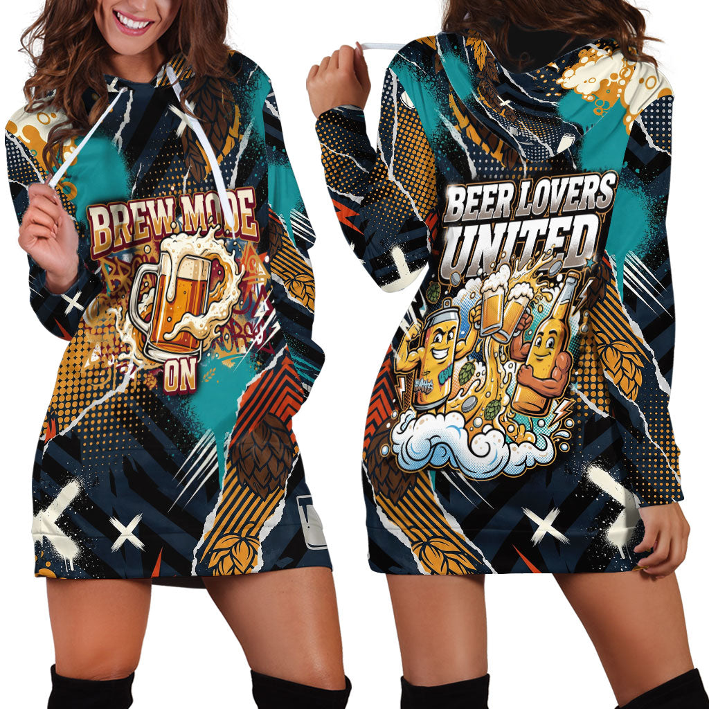 Beer Lovers United Brew Mode On Hoodie Dress Retro Comic Beer Characters Clinking Glasses