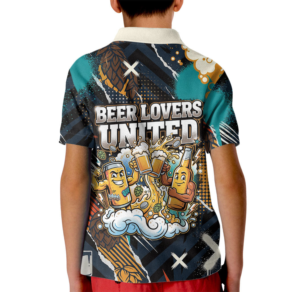 Beer Lovers United Brew Mode On Kid Polo Shirt Retro Comic Beer Characters Clinking Glasses