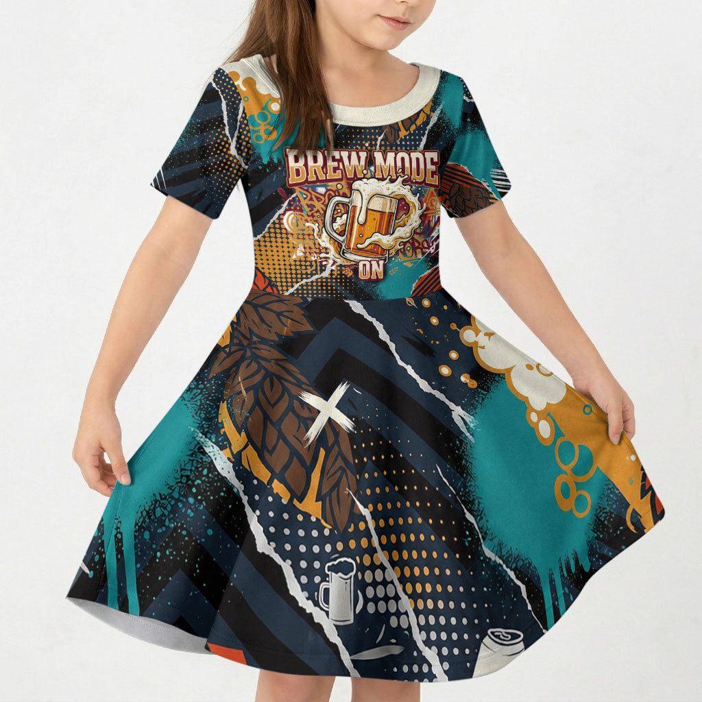 Beer Lovers United Brew Mode On Kid Short Sleeve Dress Retro Comic Beer Characters Clinking Glasses