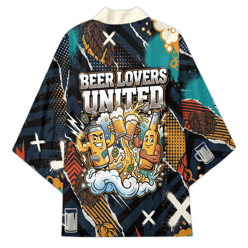Beer Lovers United Brew Mode On Kimono Retro Comic Beer Characters Clinking Glasses