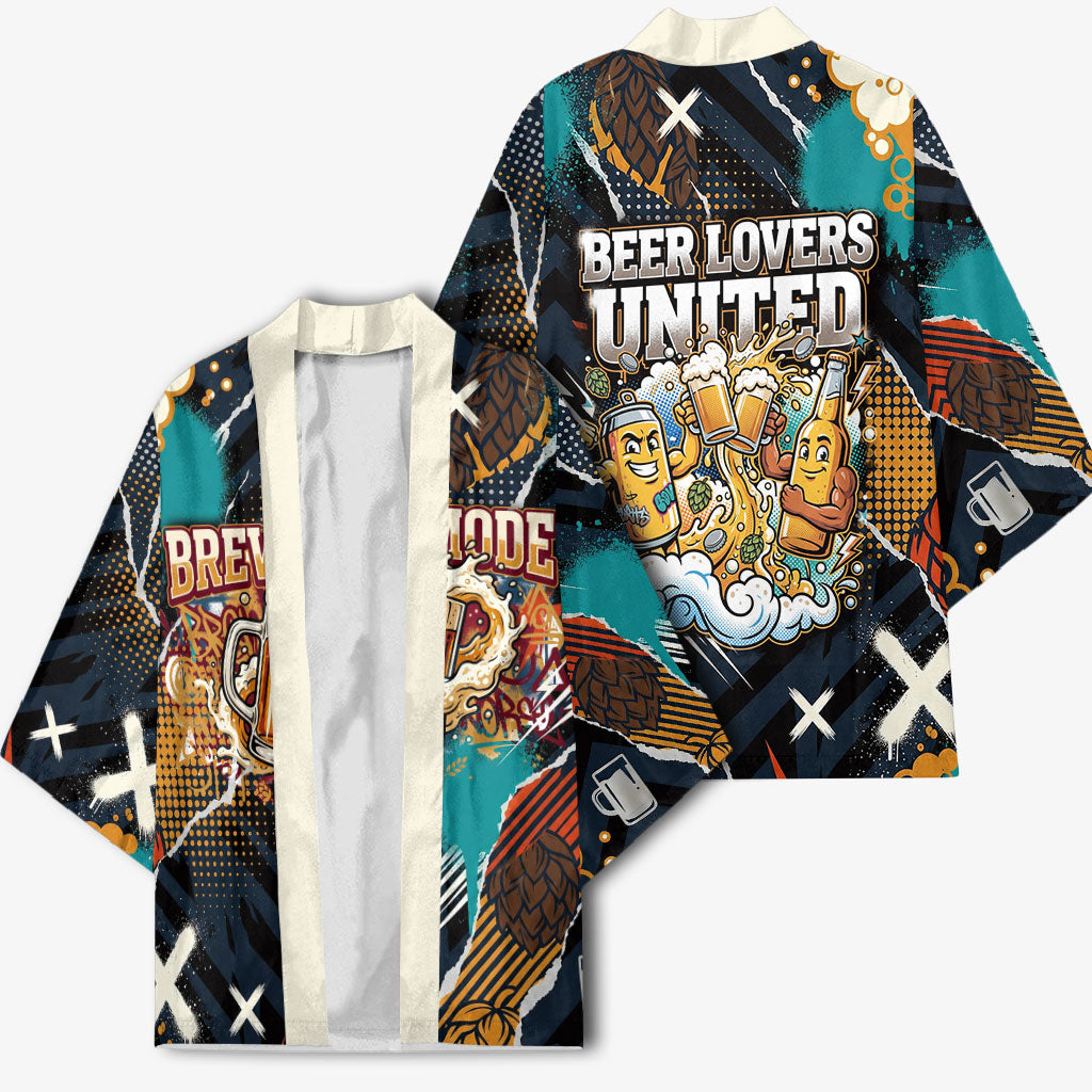 Beer Lovers United Brew Mode On Kimono Retro Comic Beer Characters Clinking Glasses