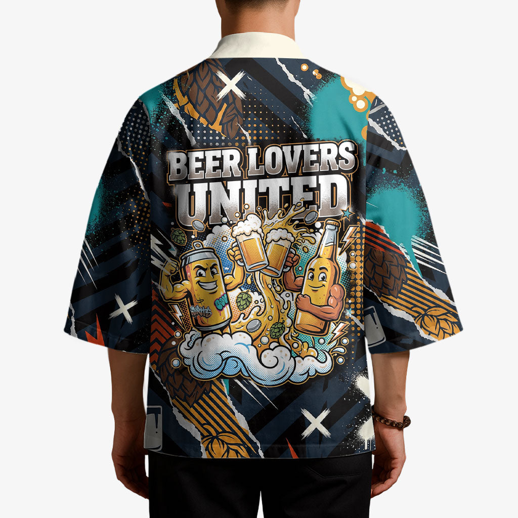 Beer Lovers United Brew Mode On Kimono Retro Comic Beer Characters Clinking Glasses