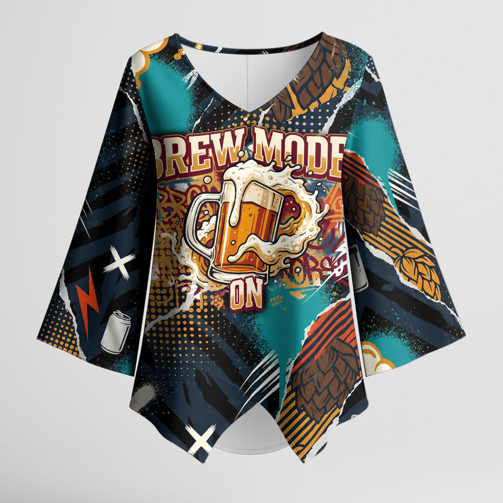 Beer Lovers United Brew Mode On Kimono Sleeve Blouse Retro Comic Beer Characters Clinking Glasses